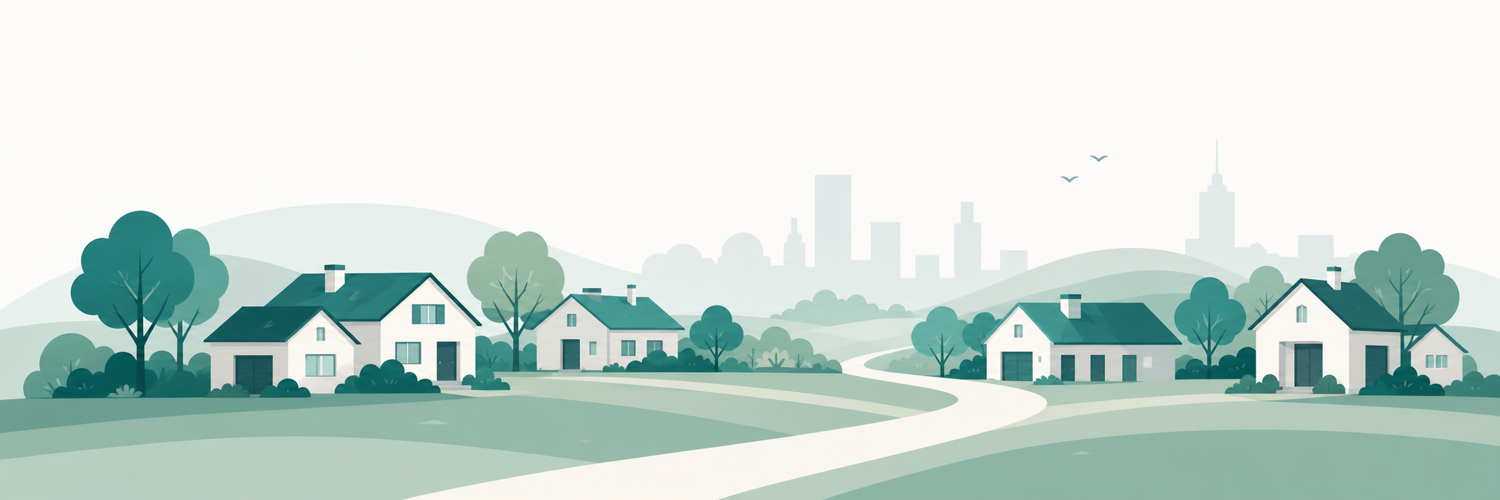 Illustration of a leafy suburb with houses, trees and a distant city skyline