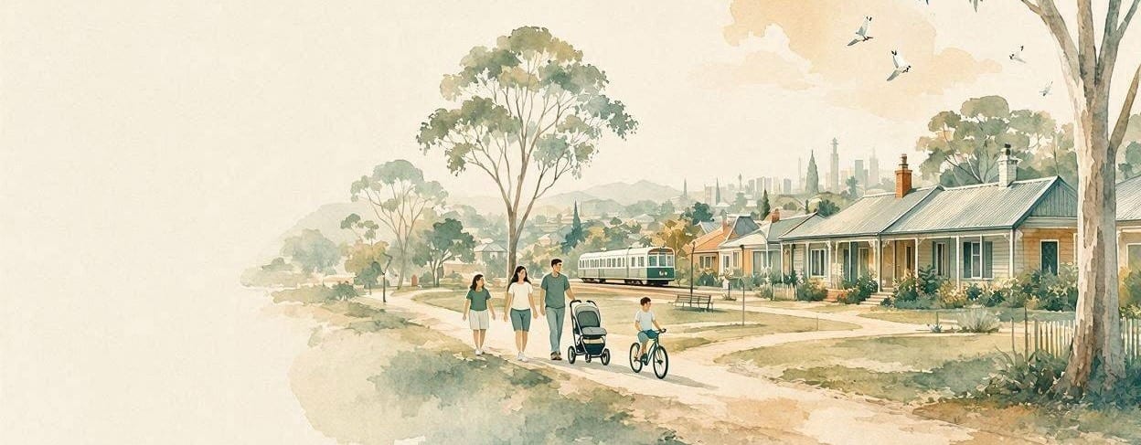 Watercolour of a family walking past suburban houses with a train and city skyline in the distance