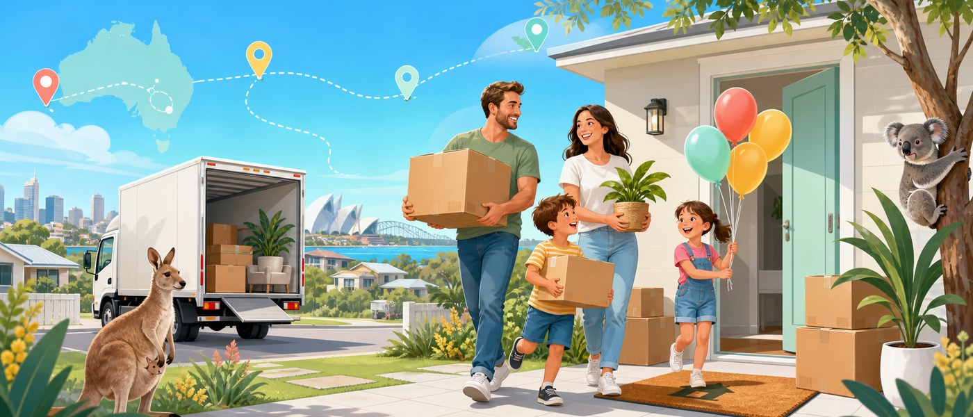 Illustration of a family moving house, with a route connecting their old street to a new suburb near the city skyline