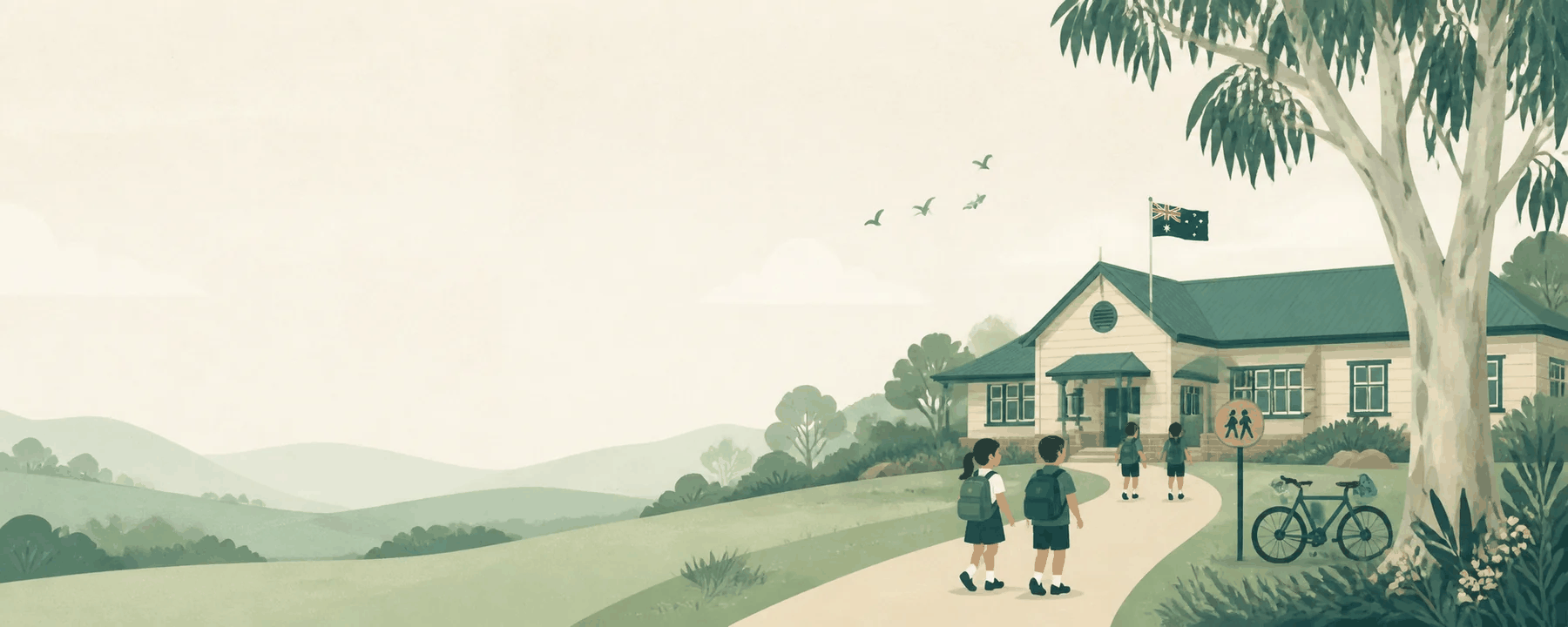Illustration of children walking to an Australian school on a hill, gum tree and flag